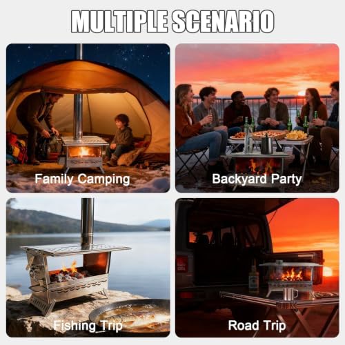 Camping Wood Burning Stove, Hot Tent Stove with Extra Baking Tray, Outdoor Stainless Steel Stove with 6 Chimney Pipes for Outdoor Camping, Cooking