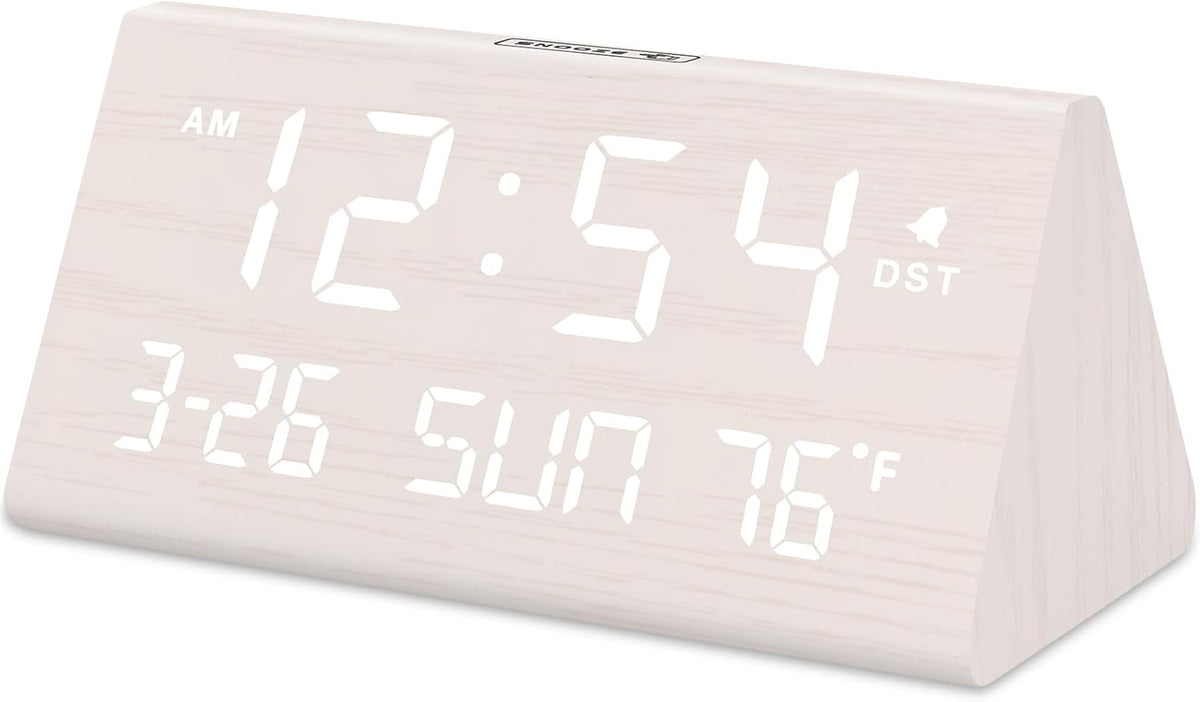 DreamSky Digital Alarm Clocks for Bedrooms - Wooden Desk Clock with Date, Day of Week, USB Port, Temperature, Dimmer for Bedside Table, Living Room, Office, Adjustable Volume, Auto DST, Wood Decor