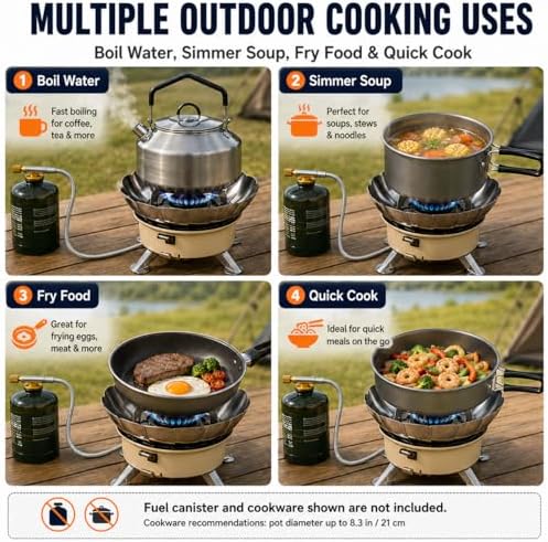 Butane Camping Stove, Portable Windproof Camping Gas Stove with Built-in Windshield, Piezo Ignition, Propane Canister Adapter, Foldable Burner for Backpacking Hiking Outdoor Cooking