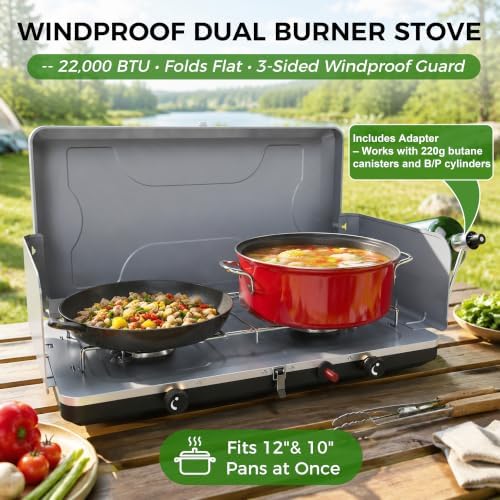 Dual Burner Propane Camping Stove, Portable Outdoor Stove with 22,000 BTU