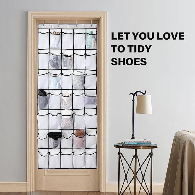 Over the Door Shoe Organizer, 24 Large Breathable Mesh Pockets, Hanging Storage