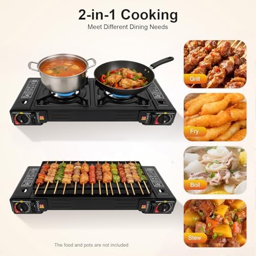 2-Burner Portable Camping Stove, Butane Camping Stove with Non-sticking Grill Tray, Outdoor Travel Camp Stove for Camping, BBQ, Home