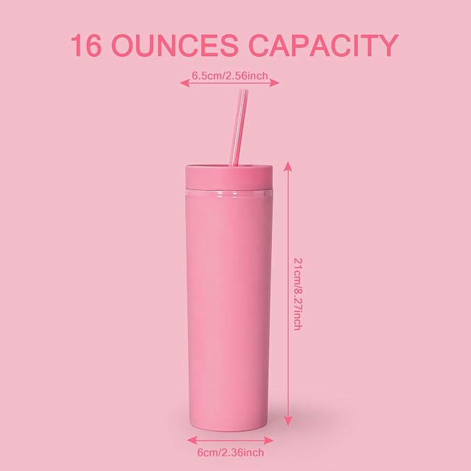 sweet grain Skinny Tumblers with Lids and Straws(6 Pack) - 16oz Matte Pastel Colored Skinny Acrylic Tumblers, Double Wall Plastic Tall Skinny Tumblers Bulk for Cold Hot Drinks - Pink