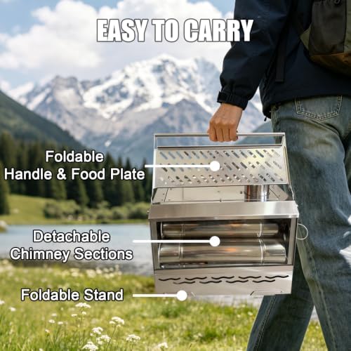 Camping Wood Burning Stove, Hot Tent Stove with Extra Baking Tray, Outdoor Stainless Steel Stove with 6 Chimney Pipes for Outdoor Camping, Cooking