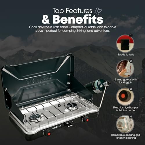 GasOne Portable Camping Stove – Double Propane Stove with Auto Twist Turn Ignition – 22,000 BTU Camping Cooktop with 2 Burners and Wind Guard – Ideal for Tailgating, Fishing, Travel