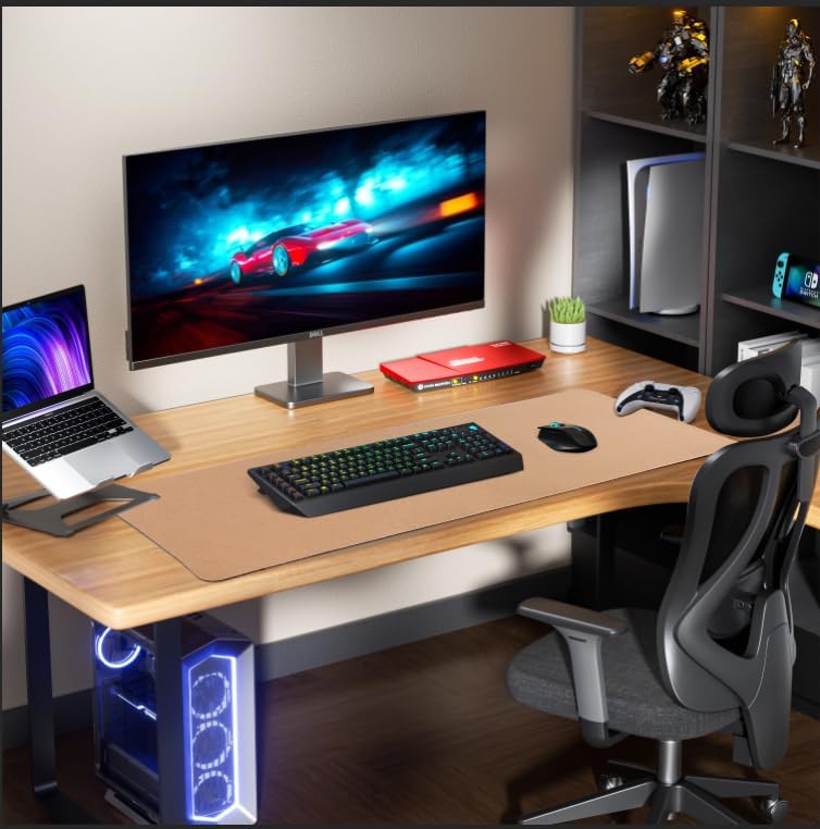 Leather Desk pad Protector, Large Desk mat with Natural Cork & PU Leather,Mouse pad,Non-Slip Office Desk Mat,Waterproof Desk Writing Pad for Office and Home (47in*17in, Blue)
