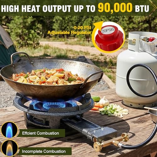 Bestfire 13" Single Propane Burner Stove, 90,000 BTU Cast Iron Portable Outdoor Burner, 0-20 PSI Adjustable Regulator & 4ft Hose, Ideal for Outdoor Wok Cooking
