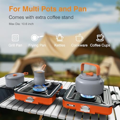 ODSD 2 Burner Camping Stove with Windshield, 20000 BTU Propane Camp Stove, Portable Folding Gas Stove, Camping Essentials Gears Includes Frying Pan, Coffee Stand & Carry Bag (Orange)