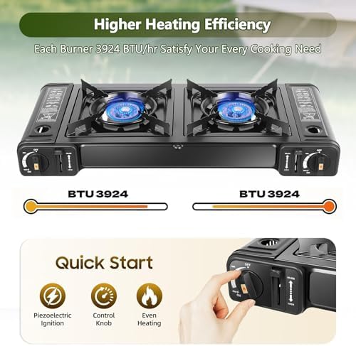 Double Burner Butane Stove, Butane Camping Stove Kit with Baking Pan and Carrying Case, Portable Camping Burner for RV, Apartments, Outdoor