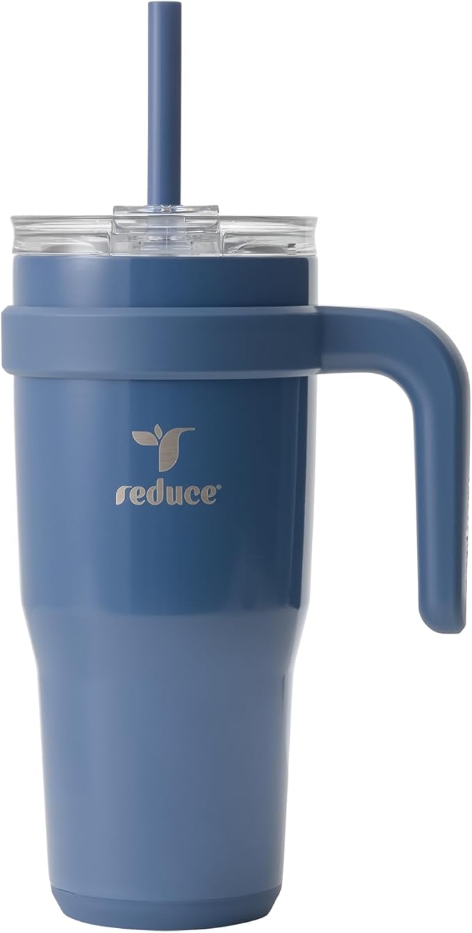 Reduce 24 oz Stainless Steel Tumbler with Handle - Dual-Wall Vacuum Insulated Travel Mug, Sweat-Proof Lid & Reusable Straw - Keeps Drinks Cold for 24 Hrs, Fits Cupholders, Dishwasher Safe-Mineral Blue