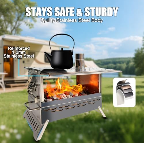Camping Wood Burning Stove, Hot Tent Stove with Extra Baking Tray, Outdoor Stainless Steel Stove with 6 Chimney Pipes for Outdoor Camping, Cooking