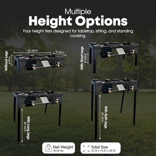 GasOne Double Propane Burner with Adjustable Height 4-Tier Removable Legs for Outdoor Cooking – High Pressure Camping Accessories Camp Stove – Cast Iron Portable Stove Top - Patent Pending
