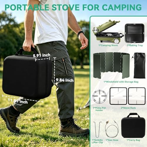 2 Burner Portable Camp Stove, 24000 BTU Propane Camping Stove with Windshield, Folding Gas Stove with Carry Bag, Compact Camping Essentials Gear for BBQ, Picnic, Outdoor Cooking, Grilling, Green