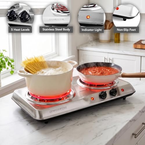 OVENTE Electric Double Burner, 1700W Coil Hot Plate, Silver BGC102S