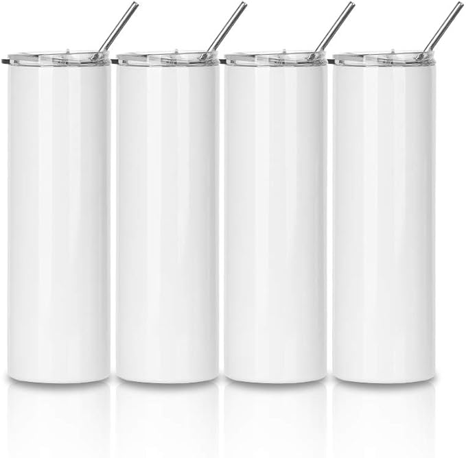 PYD Life Sublimation Blanks Tumbler Skinny 30 OZ Straight Stainless Steel Coffee Cups Mugs with Lid and Metal Straw for Tumbler Press Machine Heat Transfer 4 Pack