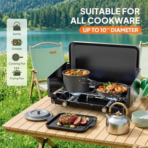 ROVSUN 2 Burner Portable Camping Stove with Adapter, 20000 BTU Tabletop Propane Camp Stove with Built-in Handle & Foldable Wind Panel for Outdoor Camping, Tailgating, Grilling