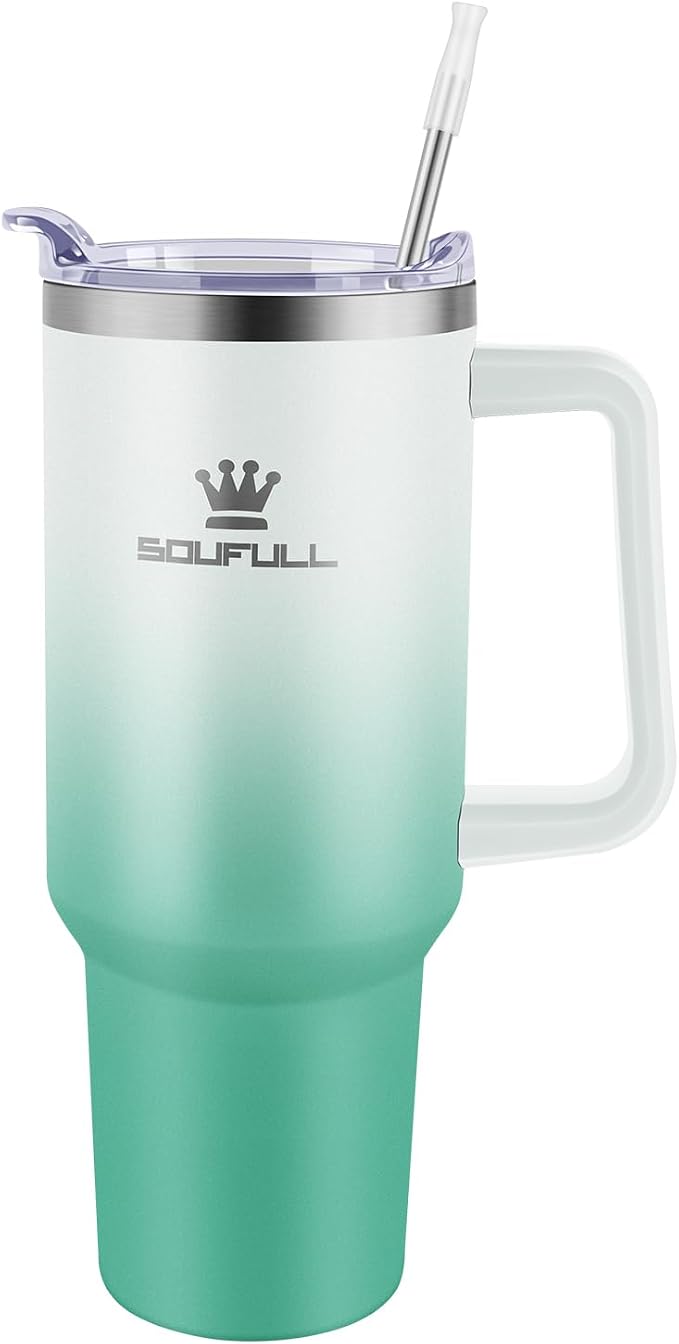 40 oz Tumbler with Handle and Straw Lid, 100% Leak-proof Travel Coffee Mug, Stainless Steel Insulated Cup for Hot Cold Beverages, Keeps Cold for 34Hrs or Hot for 10Hrs, Dishwasher Safe (WhiteGreen)
