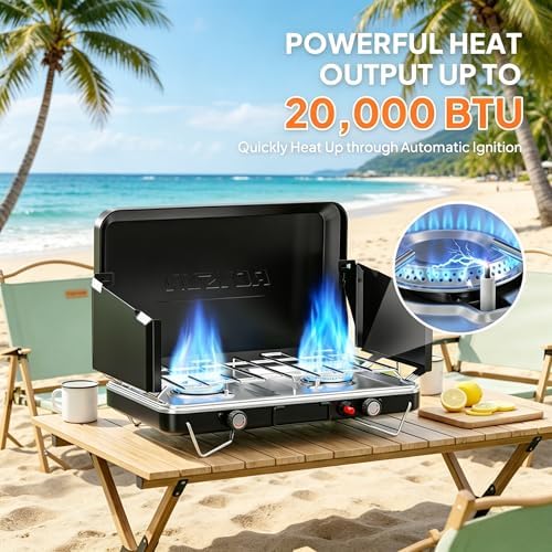 ROVSUN 20000 BTU Propane Camping Stove with Igniter, 2 Burner Portable Camp Stove with Adapter, Built-in Handle & Foldable Wind Panel for Outdoor Camping, Tailgating, Grilling