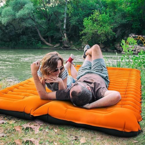 Yuzonc Double Sleeping Pad for Camping, 4" Extra Thick Self-Inflating Air Mattress - 2 Person Inflatable Camping Mat with Built-in Foot Pump & Pillow, Backpacking Hiking Tent Travel-Orange