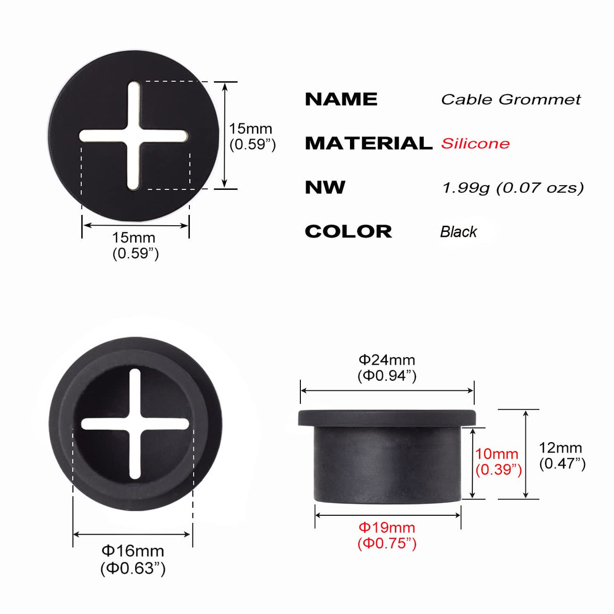 Cable Cord Grommet 3/4 Inch Flexible Wire Rubber Grommets for Desk and Other Furnitures Wire Hole Cover Cable Management Wire Organizer Cable Pass Through (8 Pack), Black Color