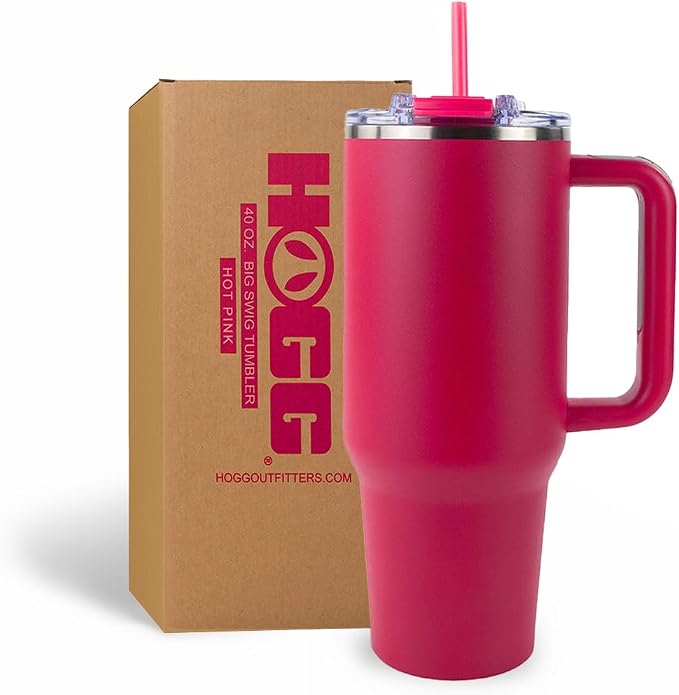 Hogg Big Swig 40 oz Tumbler with Handle and Straw - Hot Pink, 40oz Insulated Stainless Steel, Water Tumbler with Straw, Water Cup with Handle, Versatile Leak Proof Lid