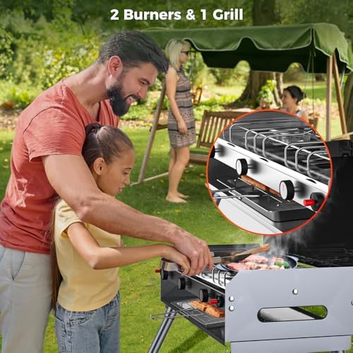 CAMPLUX 2 Burners & 1 Grill Propane Camping Stove, 15,000 BTU Portable Outdoor Propane Camping Grill Burner with Free Standing Legs, Auto-Ignition Gas Stove with Regulator, Black