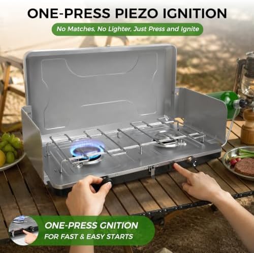 Dual Burner Propane Camping Stove, Portable Outdoor Stove with 22,000 BTU