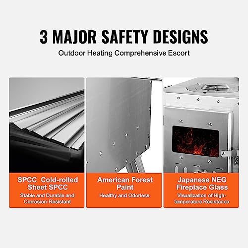 VEVOR Camping Wood Stove Stainless Steel Camping Tent Stove, Portable Wood Burning Stove with Chimney Pipes & Gloves, 1646in³Firebox Hot Tent Stove for Outdoor Cooking and Heating with 8 Pipes