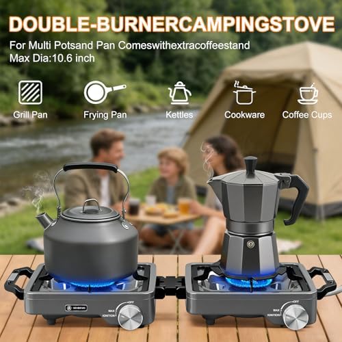 2-Burner Pro Camping Stove,24000 BTU Camp Stove,Foldable Propane Stove Includes Carry Bag,Windscreen Griddle, Portable Stove,Camping Essentials,Suitable For Outdoor Cooking (Gray)