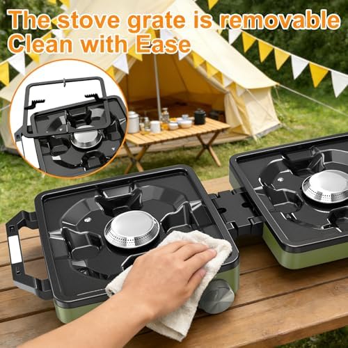 2-Burner Pro Camping Stove,24000 BTU Camp Stove,Foldable Propane Stove Includes Carry Bag,Windscreen Griddle, Portable Stove,Camping Essentials,Suitable For Outdoor Cooking,Tailgating,Grilling (Green)
