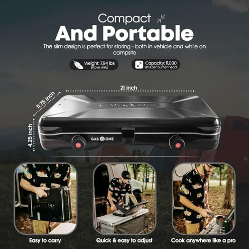 GasOne Portable Camping Stove – Double Propane Stove with Auto Twist Turn Ignition – 22,000 BTU Camping Cooktop with 2 Burners and Wind Guard – Ideal for Tailgating, Fishing, Travel