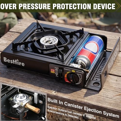 BESTFIRE Portable Camping Stove - 10 000 BTU Dual Fuel Propane and Butane with Adapter & Carrying Case Single Burner Gas for Outdoor Cooking Gear Essentials Tailgating Survival Kit
