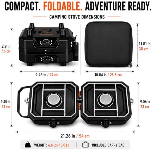Camping Stove 2 Burner Propane with Griddle, Portable Foldable Camp Stove with Piezo Ignition, Adjustable Burners, Gas Hose & Carry Bag