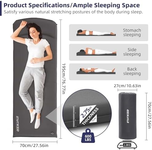INVOKER Camping Sleeping Pad, Self-Inflating, 75 x 24 x 3.15 in, Grey