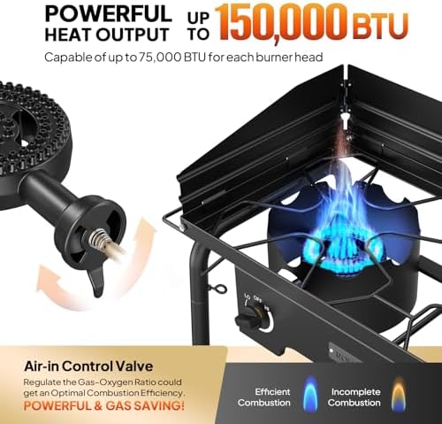 ROVSUN 2 Burner Outdoor Camping Stove with Wind Panel & Shelves, Heavy Sturdy Propane Burner, Gas Cooker with Detachable Legs & CSA Regulator for Home Camp Paito Cooking Frying Canning