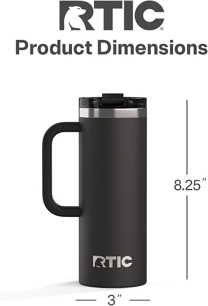RTIC 20oz Road Trip Travel Mug with Lid and Handle, Ceramic Lined, Insulated, Stainless Steel, Metal, Double Wall Vacuum-Insulation, Portable Coffee, Tea Cup for Hot and Cold Drink, Black