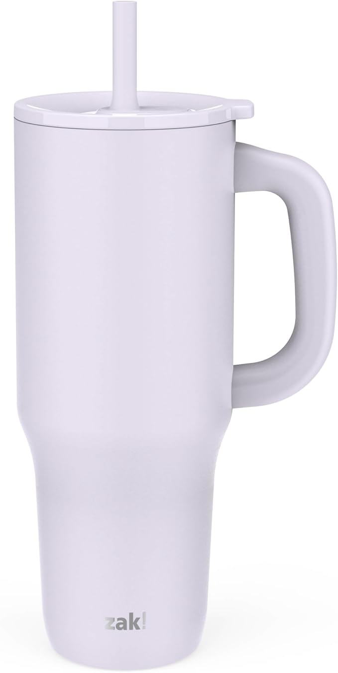 Zak Designs Sutton Travel Tumbler for On the Go, 40oz Stainless Steel with Vacuum Insulation, Silicone Straw, and Carry Handle for Cold Drinks (Smoky Lilac Purple)