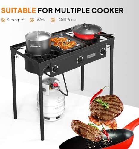 ROVSUN 3 Burner Propane Gas Stove, 225,000 BTU High Pressure Outdoor Camping Burner with CSA Listed Regulator, Picnic Cooker Perfect for Home Brewing Maple Syrup Patio Turkey Frying Canning
