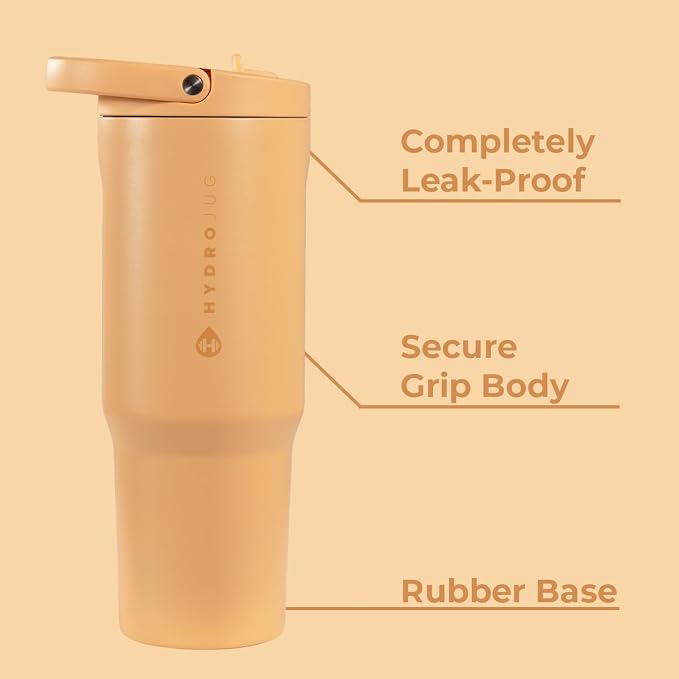 HydroJug Sport - Stainless Steel Tumbler with Straw, Vacuum Insulated, 32oz Leakproof Water Bottle, Ergonomic Design, Reusable, Dishwasher Safe, Rubber Base, Durable for Gym or Outdoors, Marigold