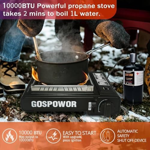 Propane or Butane Stove with Windblocker,Dual Fuel 10,000 BTU Propane Stove for Camping, Automatic Ignition Gas Portable Stove with Propane Adapter Hose Carrying Case for Outdoor (Fuel Not Included)