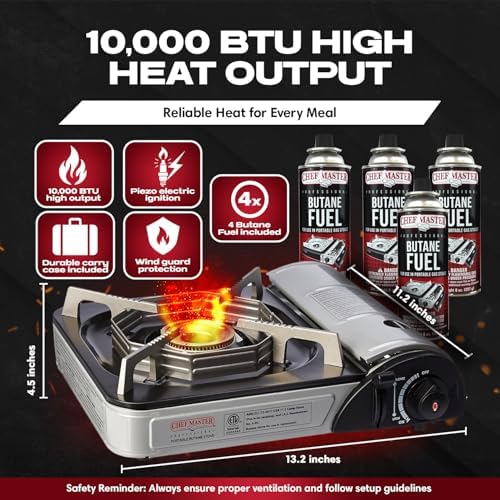 Chef Master Portable Butane Stove Combo for Camping - Stove + 4x 8oz Butane - 10,000 BTU Countertop Gas Burner w/Piezo Ignition - Good for Indoor & Outdoor Cooking w/Wind Guard & Carry Case - 90011