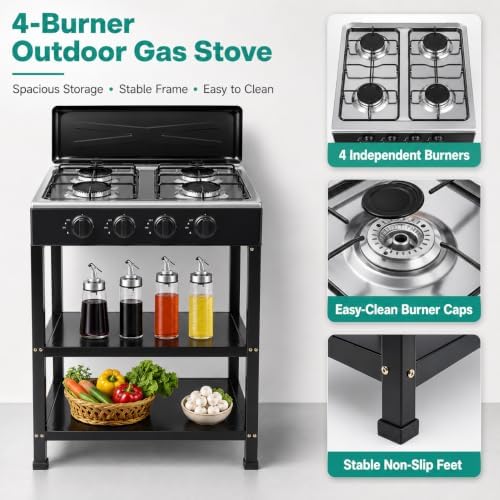 4 Burner Gas Stove Portable Outdoor Stove with Removable Storage Stand, Heavy Duty Stainless Steel Propane Gas Cooker with Wind Blocking Cover for Camping Picnic Home RV Cooking (no hose)