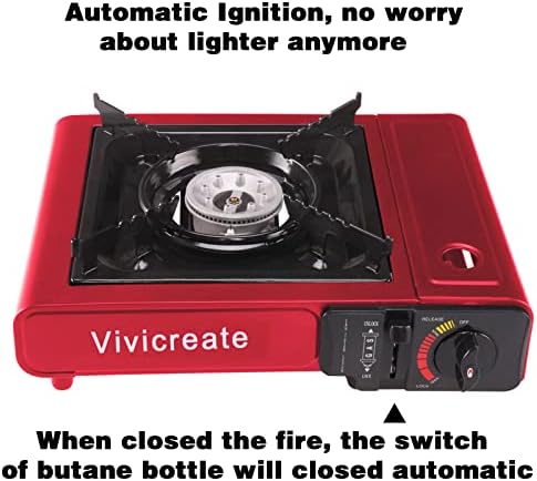 Vivicreate Portable Butane Stove 8500 BTU, Butane Stove with Auto Ignition for Camping, Lightweight Portable Gas Stove Burner with Safety Lock, Butane Burner, Estufa de Gas Portatil(Red)