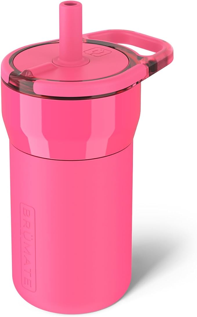 BrüMate Leap 12oz 100% Leakproof Kids Tumbler with Handle and Silicone Soft Straw | Drop Resistant Silicone Sleeve | For Kids 4+ | Insulated Stainless Steel | Cup Holder Friendly | 12oz (Neon Pink)