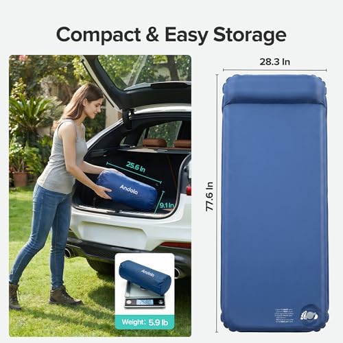 Self-Inflating Sleeping Pad for Camping, 3" Ultra-Thick Outdoor Camping Mat with Pillow & 9.5 R-Value, Insulated All-Season Foam Camping Mattress for Camping Travel Tent Car, Dark Blue