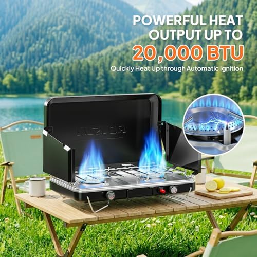 ROVSUN 2 Burner Portable Camping Stove with Igniter, 20000 BTU Propane Camp Stove with Adapter, Built-in Handle & Foldable Wind Panel for Outdoor Camping, Tailgating, Grilling