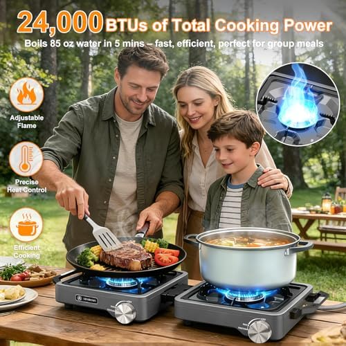 2-Burner Pro Camping Stove,24000 BTU Camp Stove,Foldable Propane Stove Includes Carry Bag,Windscreen Griddle, Portable Stove,Camping Essentials,Suitable For Outdoor Cooking (Gray)