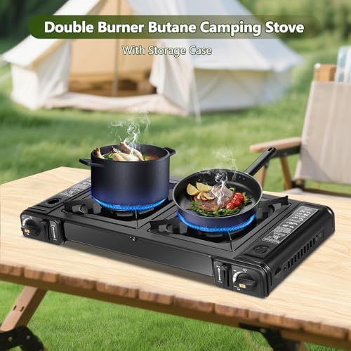Double Burner Butane Stove, Butane Camping Stove Kit with Carrying Case, Portable Auto Ignition Camping Burner for RV, Apartments, Outdoor