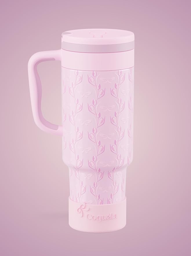40 oz Insulated Tumbler with Handle and Push-Button Straw Lid, Stainless Steel Travel Cup for Gym Office, Leakproof, BPA-Free, Cup Holder Friendly, Bow Silicone Boot, Purple (Tulip Lilac)