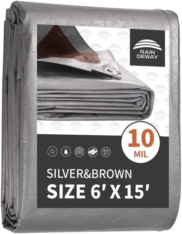 RAINDEWAY Tarps Heavy Duty Waterproof 6x15 Feet, 10Mil Multipurpose Poly Tarp